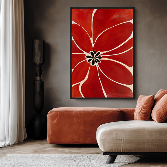 Bold red flower Framed Canvas above rust and cream living room sofas | PaintFu