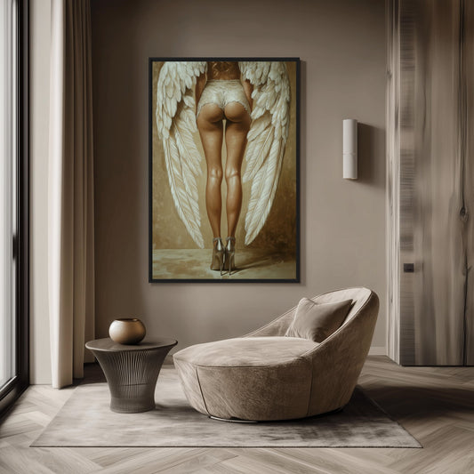 Woman with angel wings Framed Canvas in a warm intimate room