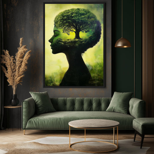 Woman Tree Surreal Art Framed Canvas above a green living-room sofa | PaintFu