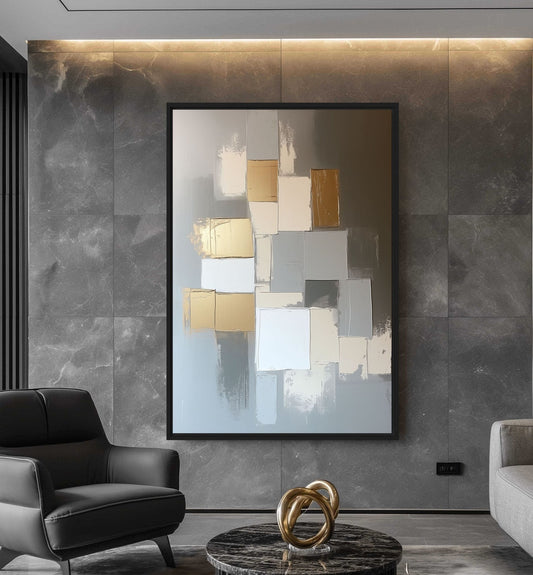 Gold beige and grey geometric Framed Canvas in a living room | PaintFu