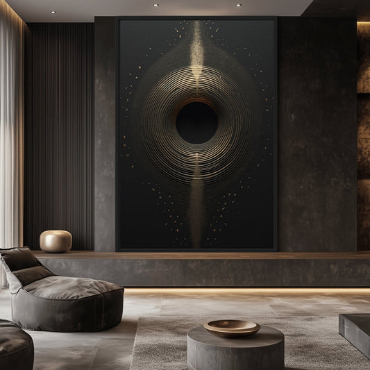 Black and gold eclipse Framed Canvas above a modern sofa | PaintFu