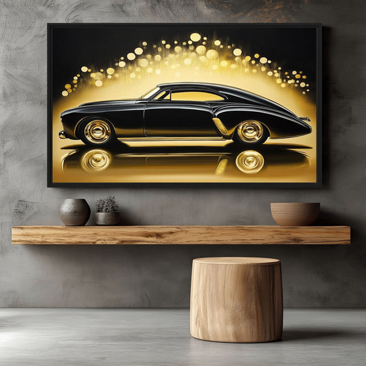 Black and gold retro car artwork above a light wood console | PaintFu