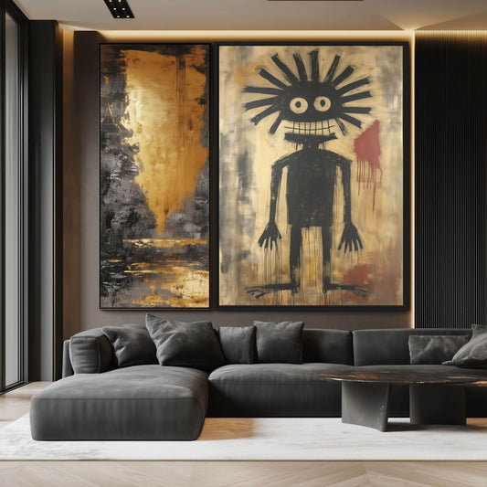 Urban neo-expressionist Framed Canvas above a dark gray sectional sofa | PaintFu
