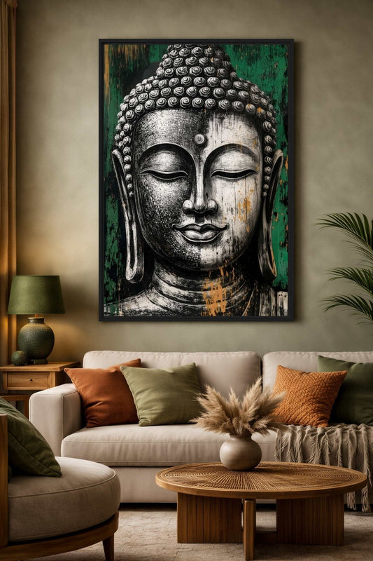 Black and white Buddha portrait Framed Canvas above a cream sofa in a calm living room - PaintFu