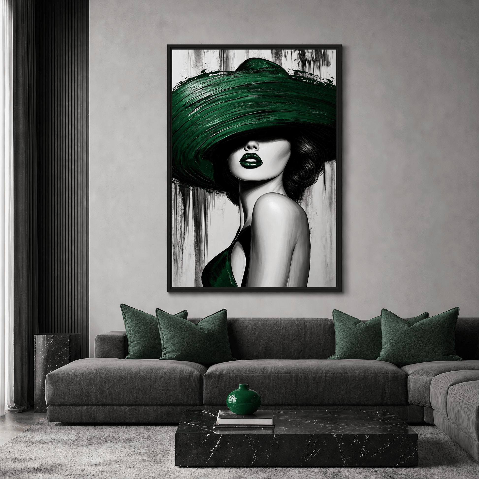 Green Sombrero Woman Framed Canvas - PaintFu