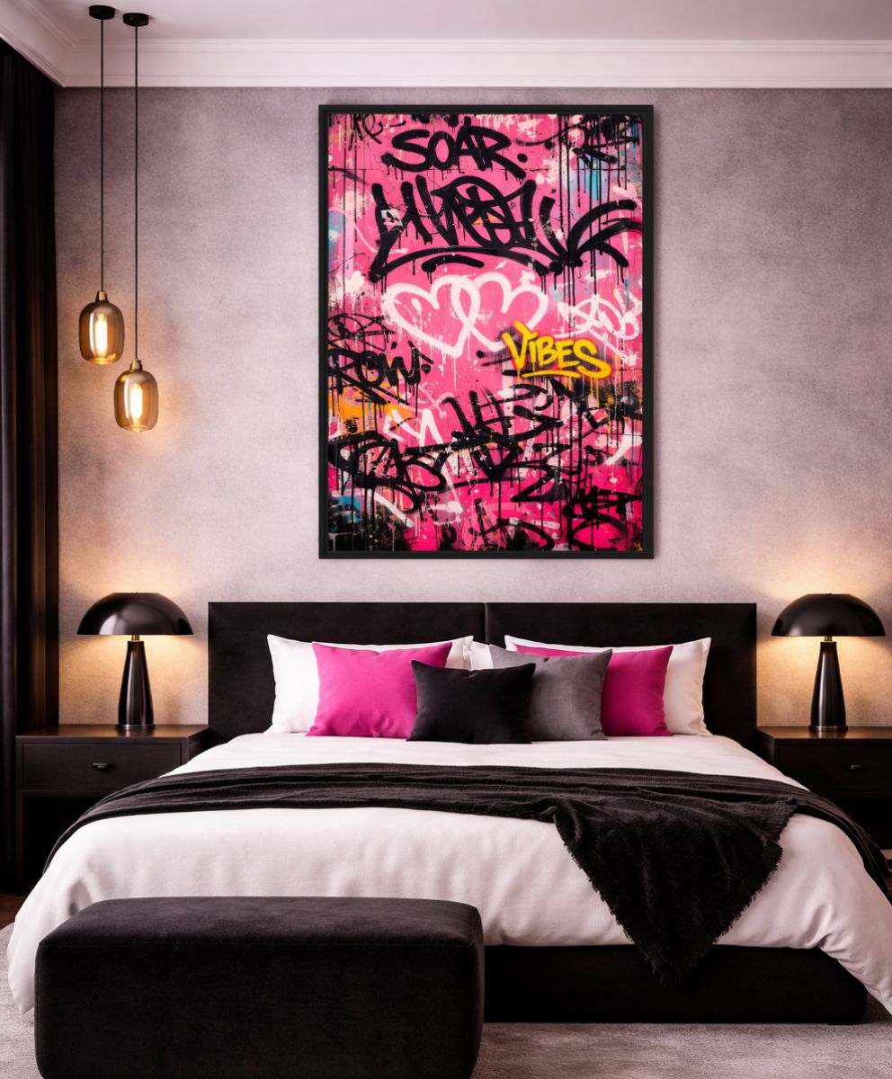 Pink Graffiti Art Framed Canvas - PaintFu