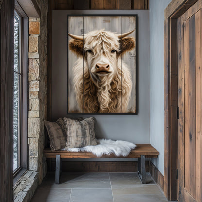 Highland cow framed canvas above a cushioned wooden bench in a narrow entryway with stone and dark wood