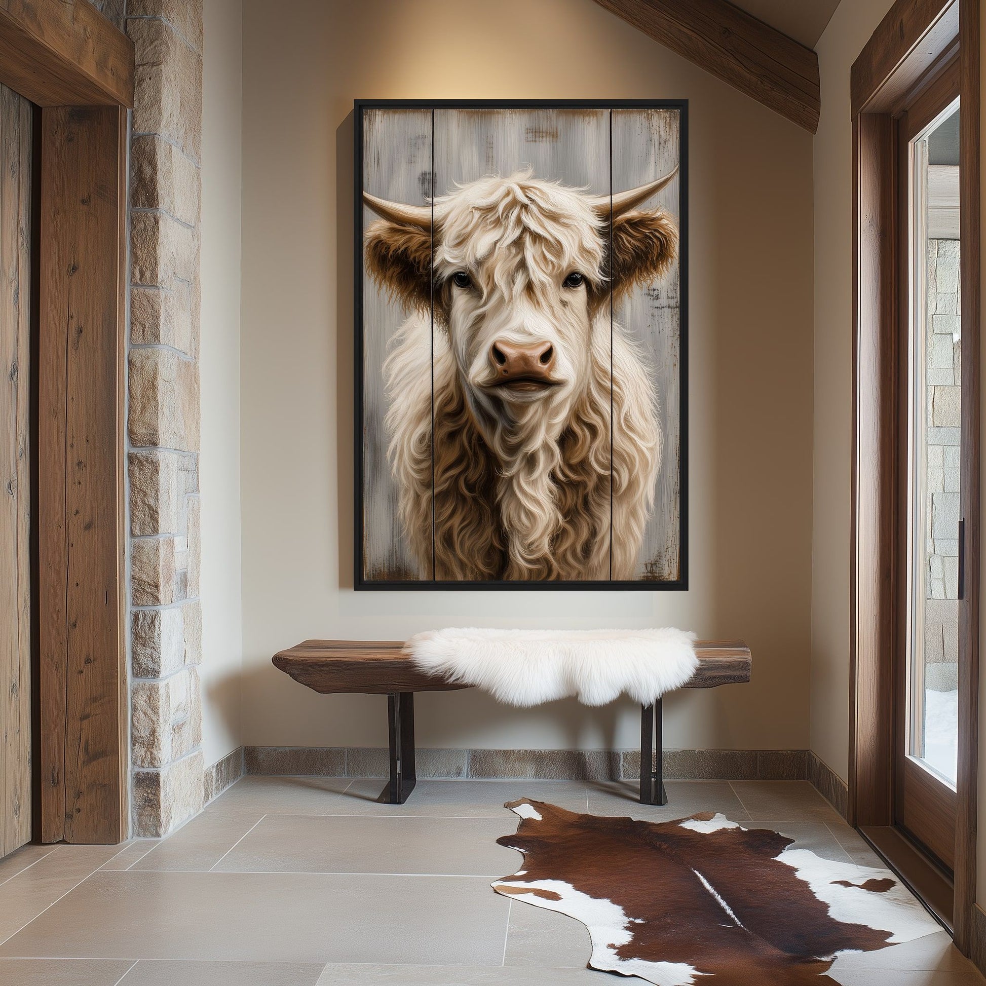 Highland cow framed canvas above a wooden bench with a white throw in a rustic hall with a cowhide rug