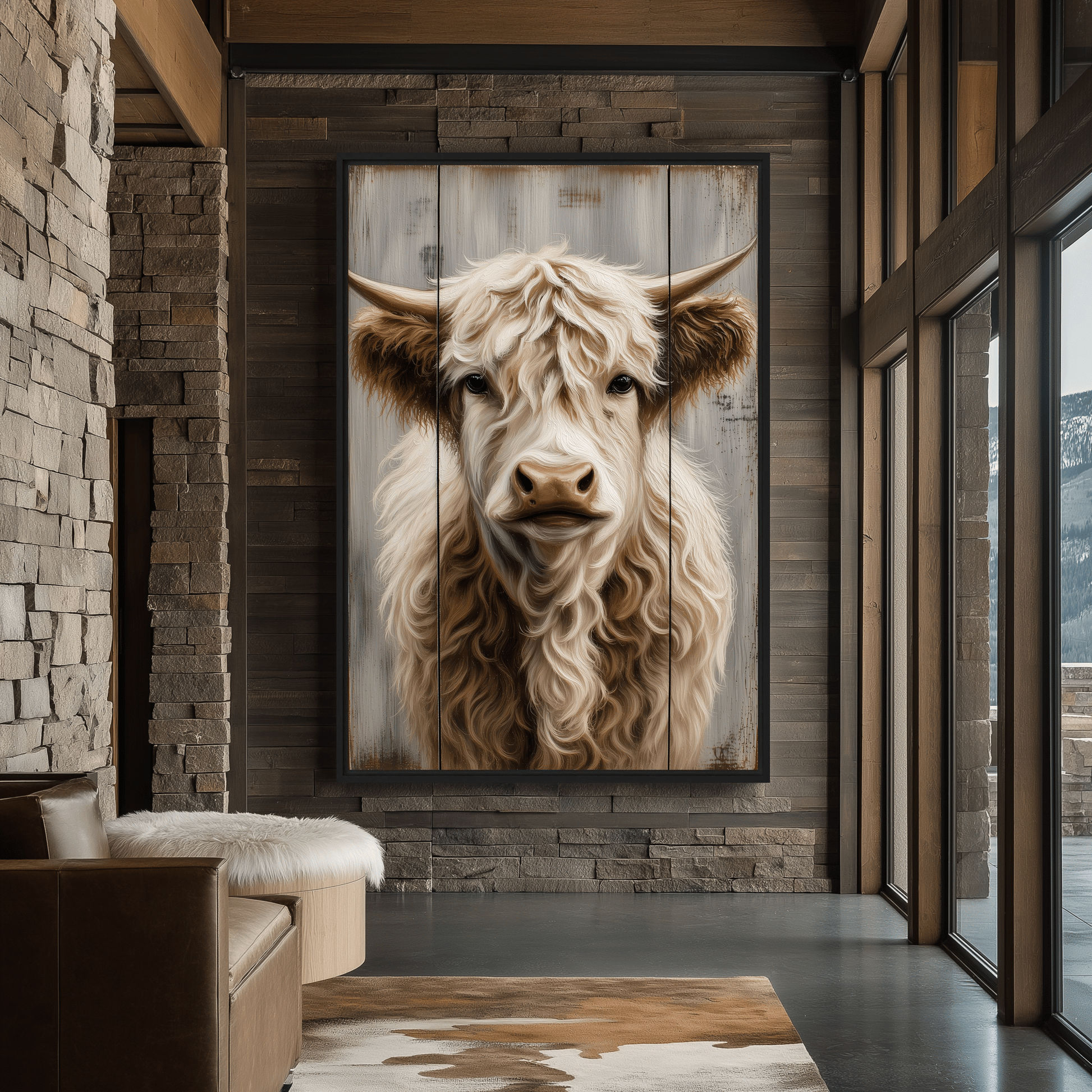 Cream and brown Highland cow framed canvas in a rustic stone room with a leather chair and tall windows