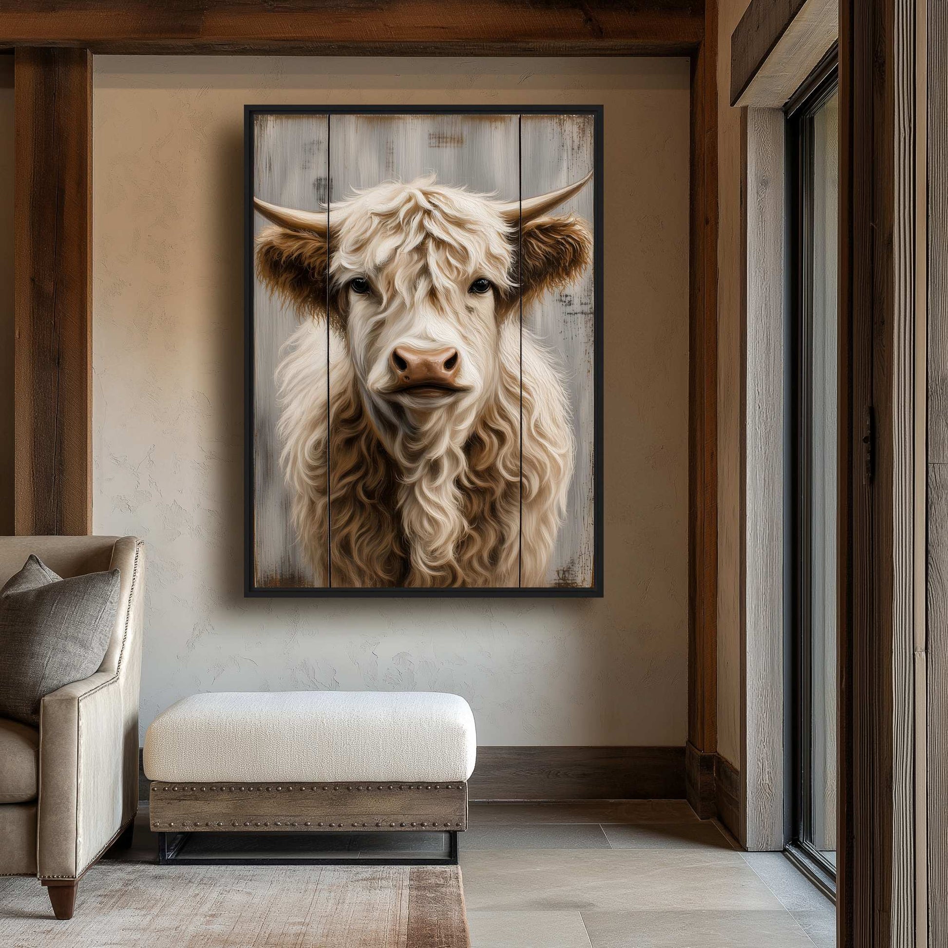 Cream and brown Highland cow framed canvas above a white ottoman in a warm wood-trimmed entryway