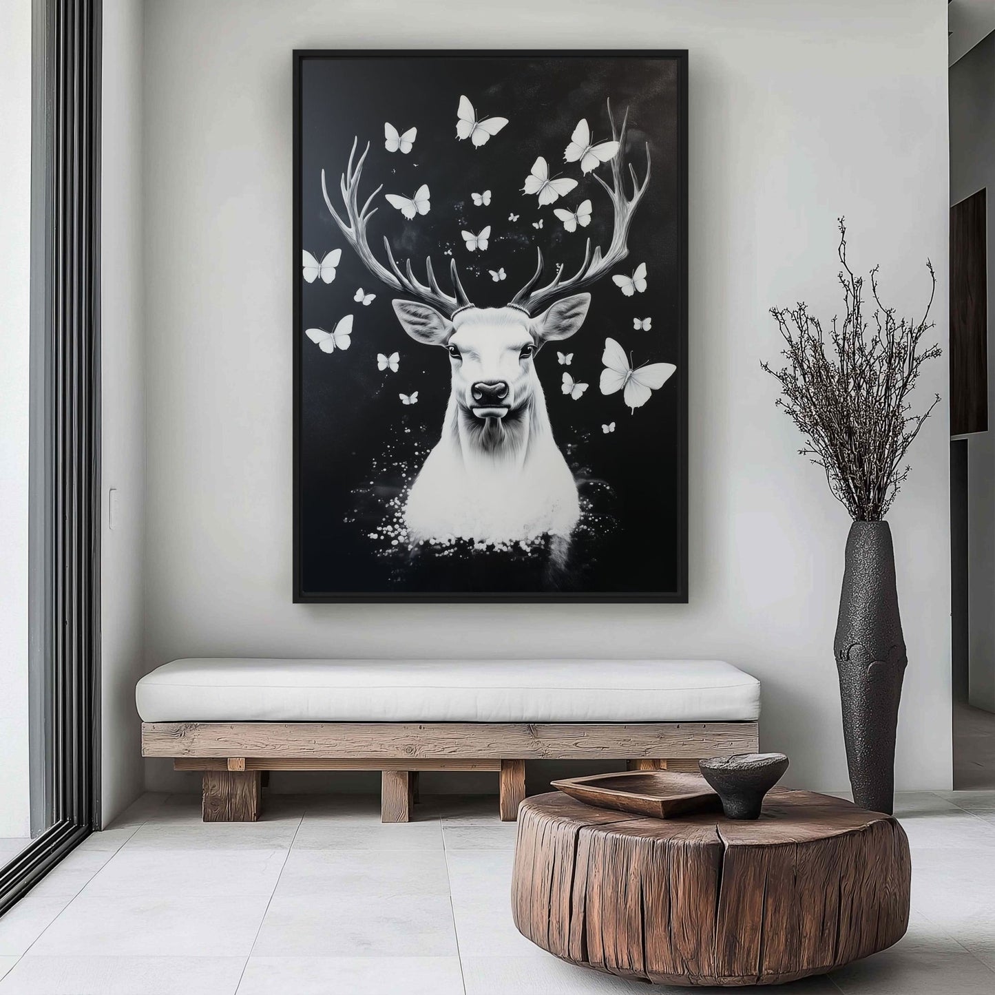 Deer Among Butterflies Framed Canvas