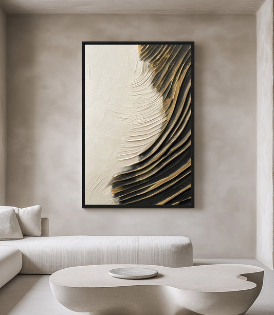Wave White Black Gold Modern Art Framed Canvas
