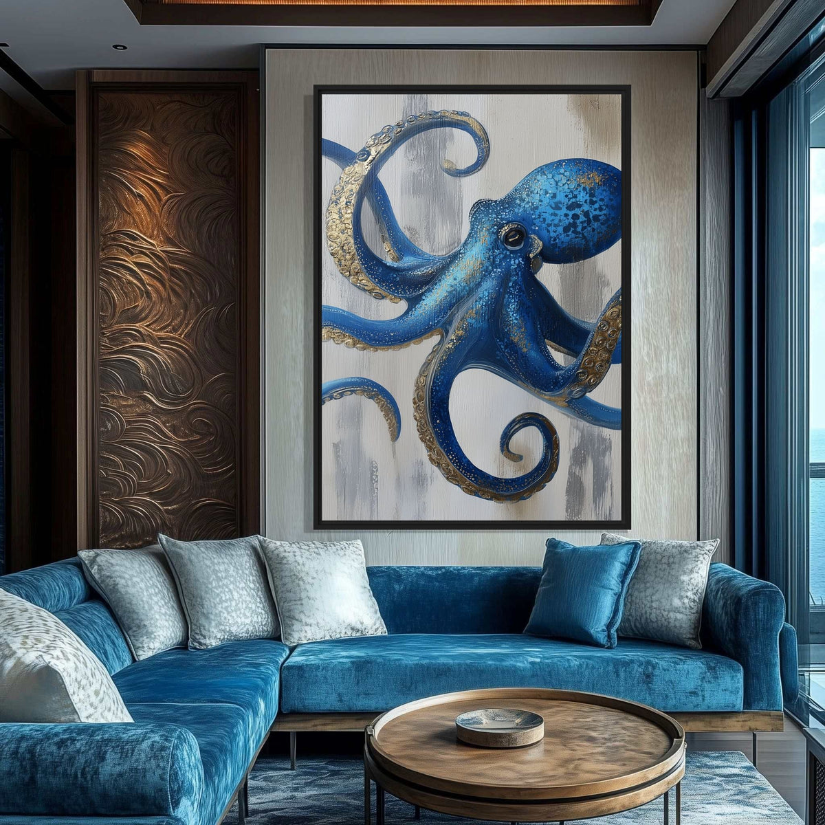 Room mockup of octopus artwork above a curved blue sofa beside dark wood wall panels