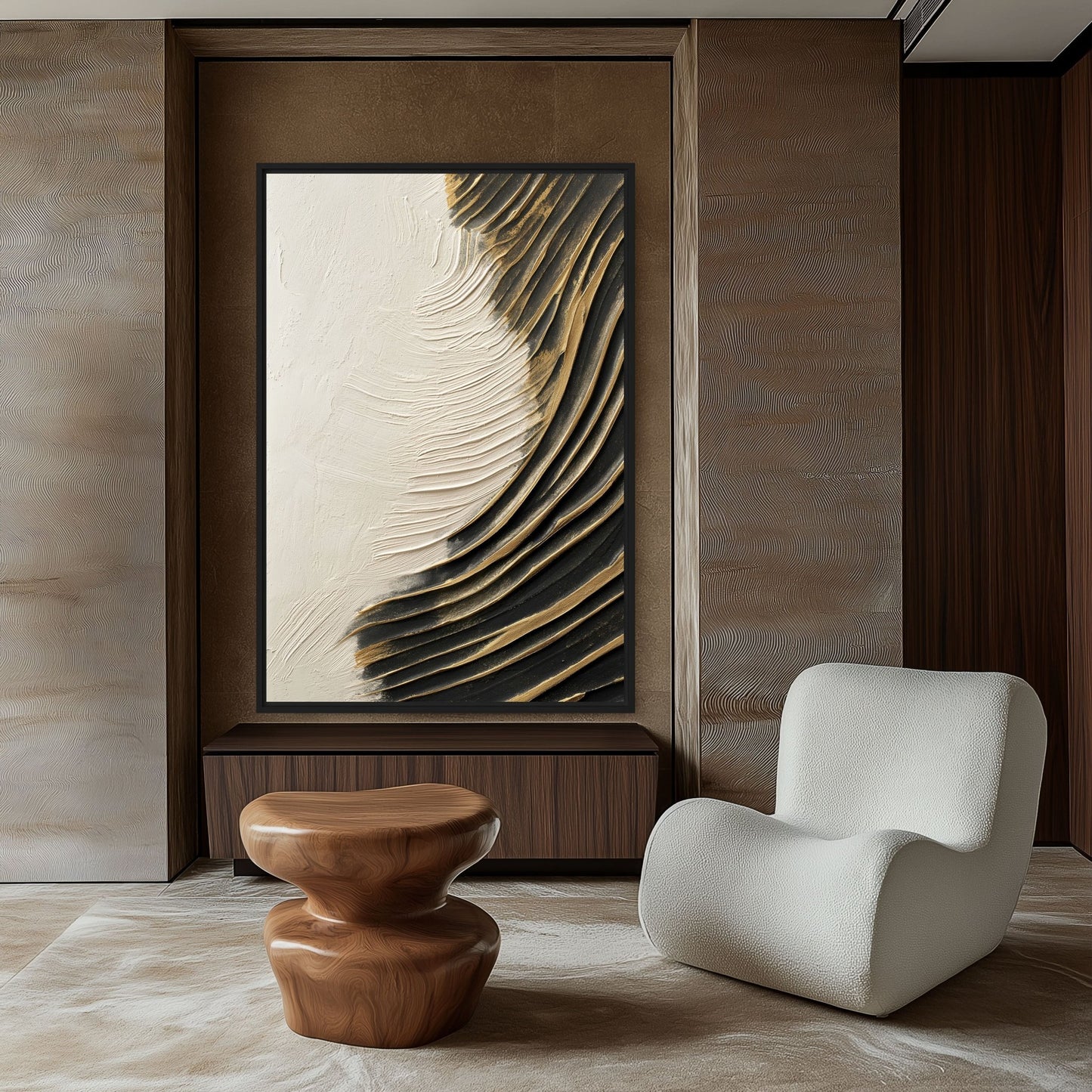 Wave White Black Gold Modern Art Framed Canvas