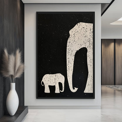 Elephant & Cub Minimalist Art Framed Canvas