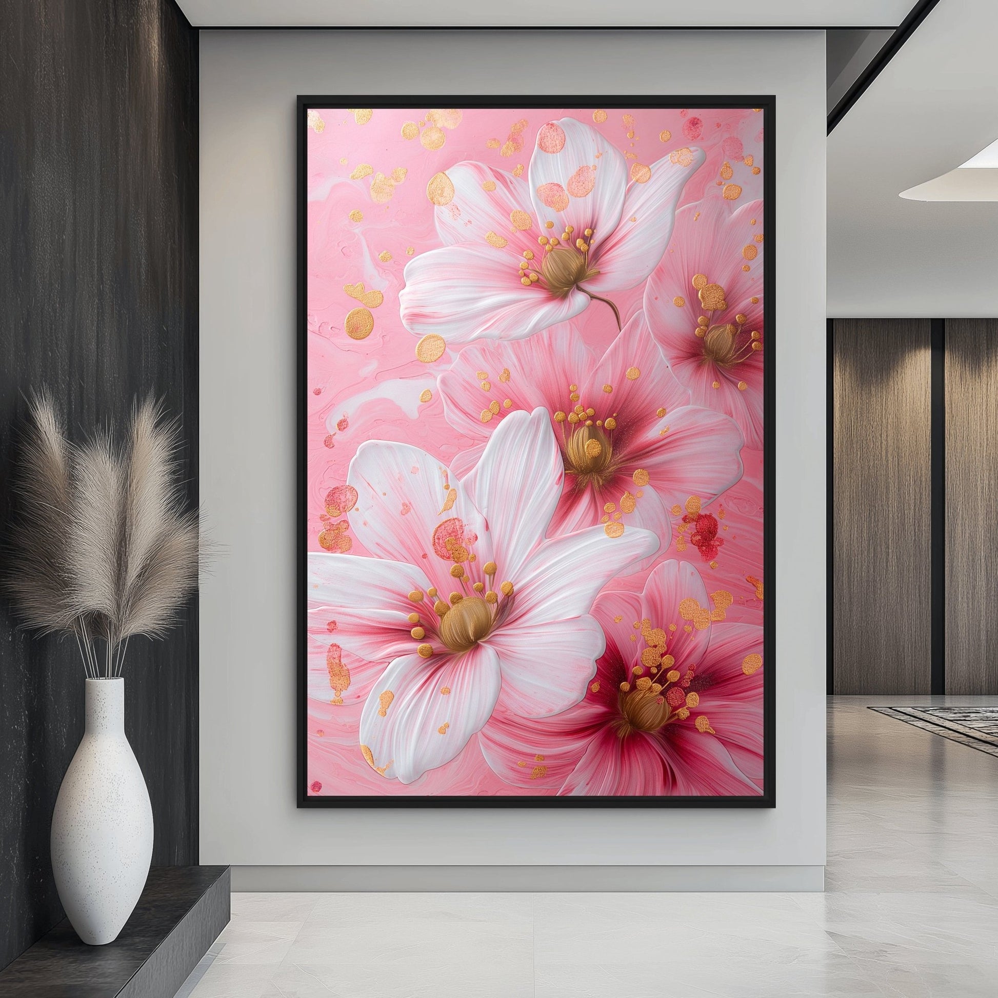 White Pink Flowers Floral Art Framed Canvas