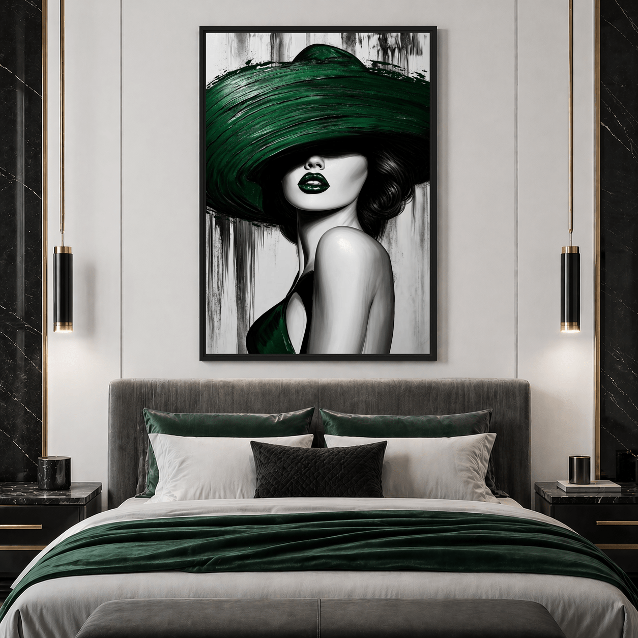 Green Sombrero Woman Framed Canvas - PaintFu