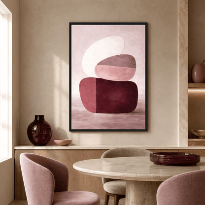 Stacked burgundy, blush and white abstract Framed Canvas in a sunlit neutral dining room