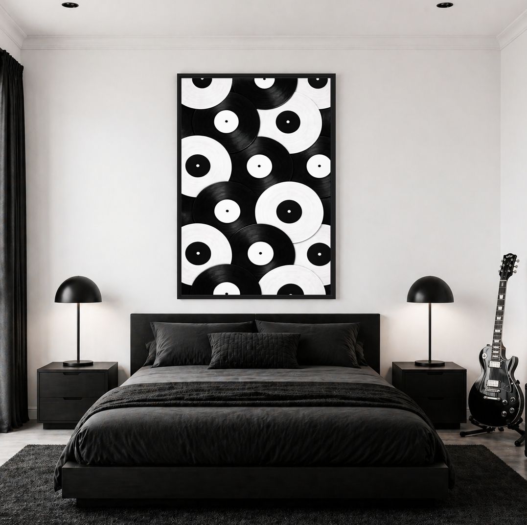 Black and White Vinyl Records Framed Canvas - PaintFu