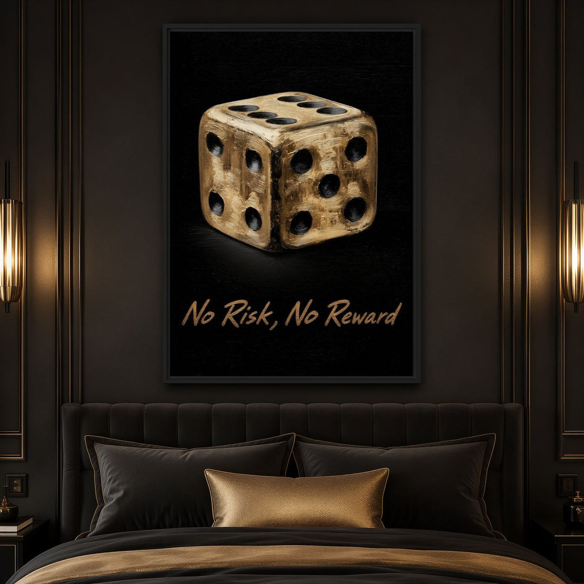 Bedroom mockup of gold dice No Risk, No Reward artwork above a dark upholstered headboard and gold cushion