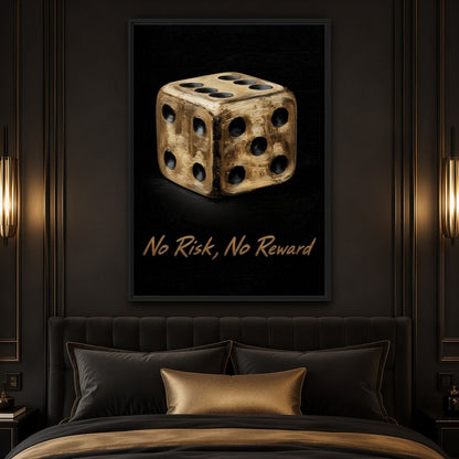 Bedroom mockup of gold dice No Risk, No Reward artwork above a dark upholstered headboard and gold cushion