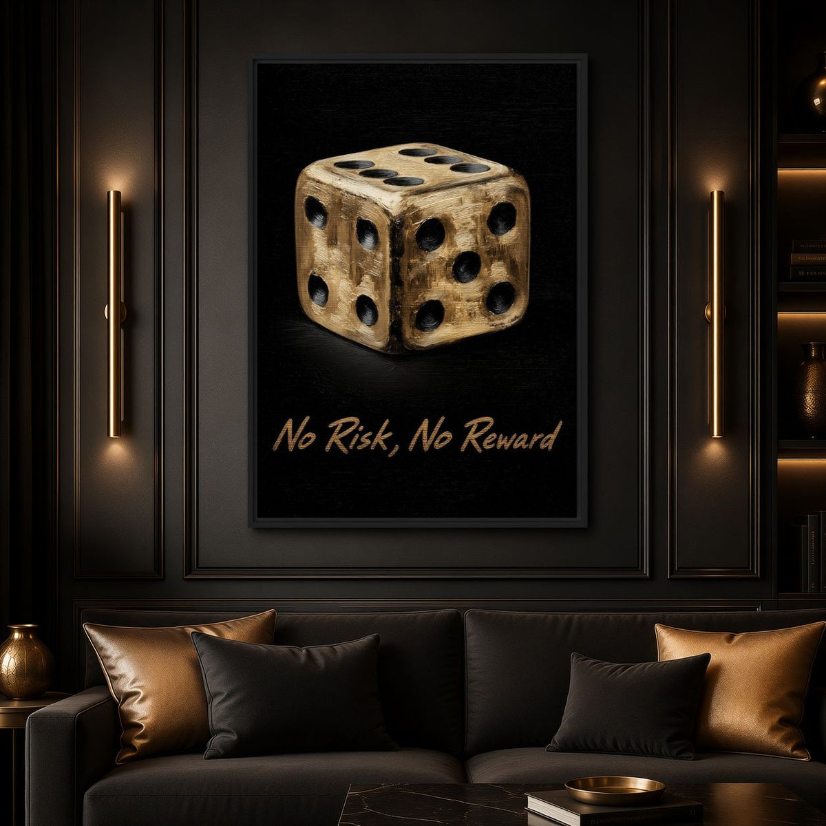 Living-room mockup of gold dice No Risk, No Reward artwork above a dark sofa with gold and black cushions