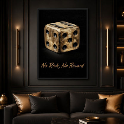 Living-room mockup of gold dice No Risk, No Reward artwork above a dark sofa with gold and black cushions