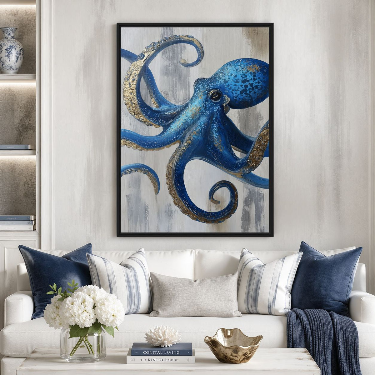 Room mockup of blue octopus artwork above a pale sofa with navy cushions and white flowers