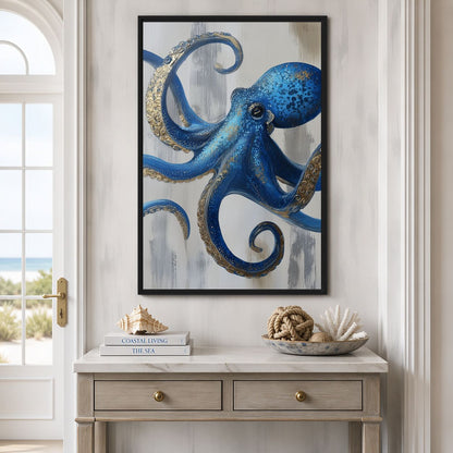 Entryway mockup of octopus artwork above a pale console beside an arched window