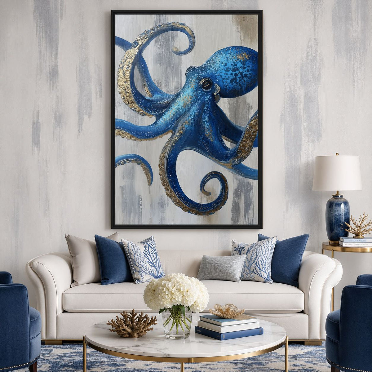 Living-room mockup of octopus artwork above a cream sofa with blue chairs