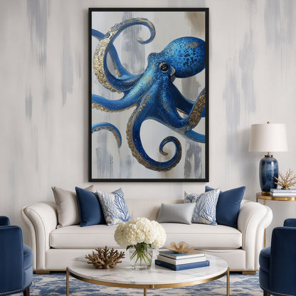 Living-room mockup of octopus artwork above a cream sofa with blue chairs