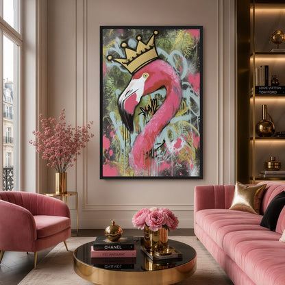 Crowned Flamingo Graffiti Art Framed Canvas - PaintFu