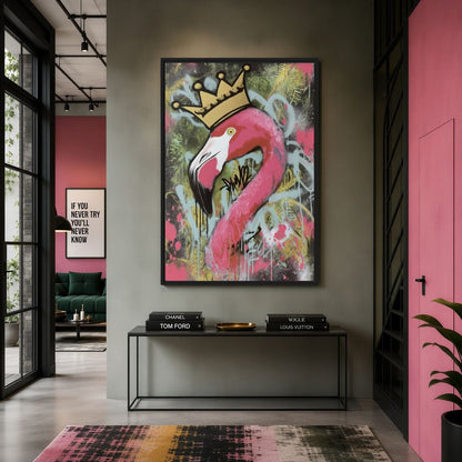 Crowned Flamingo Graffiti Art Framed Canvas - PaintFu
