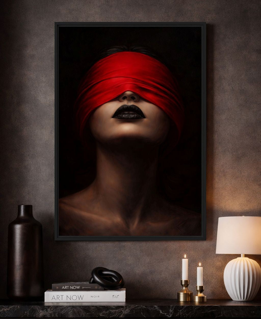 Blindfolded Woman Red Scarf Framed Canvas