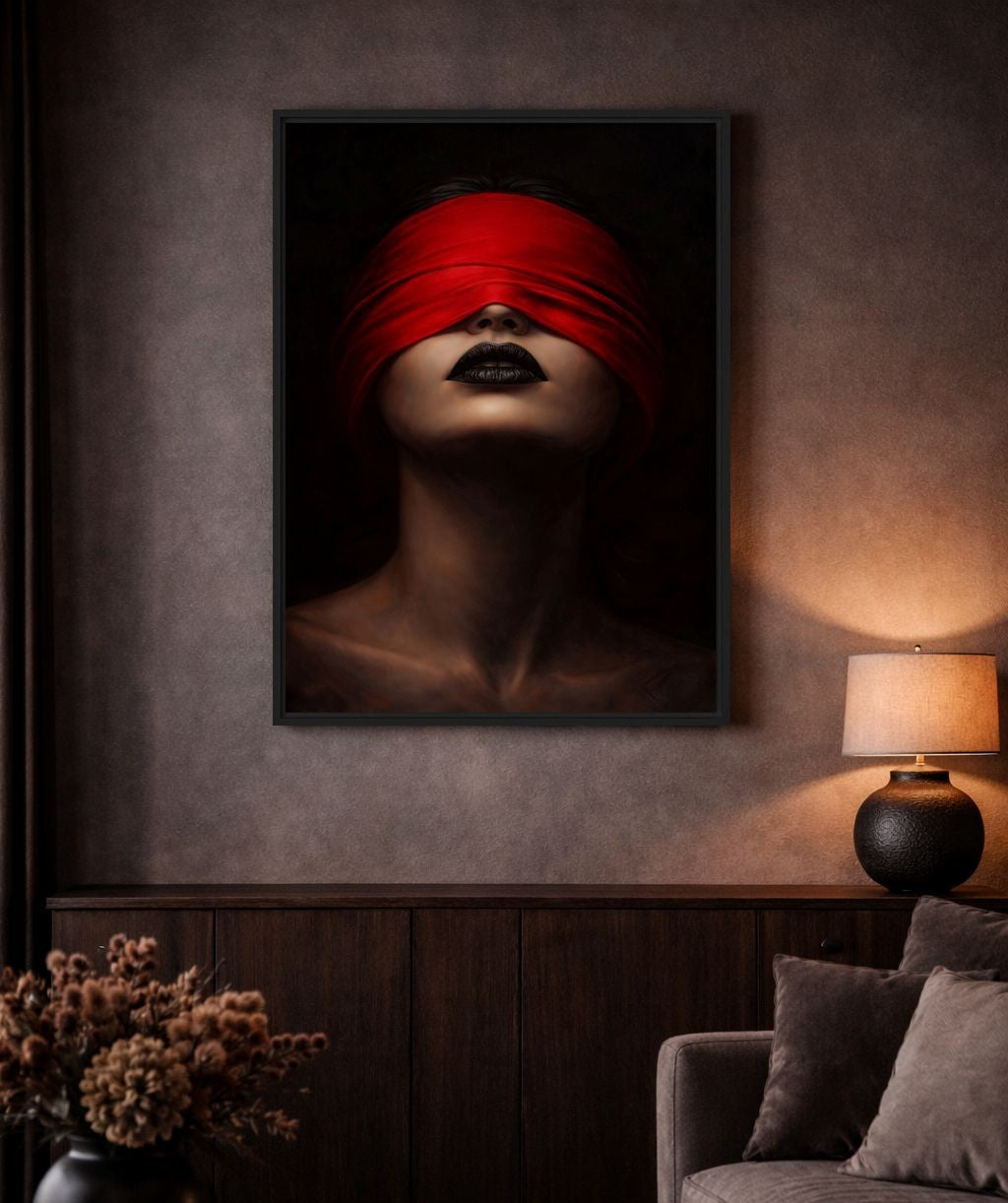 Blindfolded Woman Red Scarf Framed Canvas