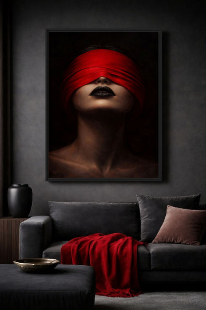 Blindfolded Woman Red Scarf Sensual Digital Print - PaintFu