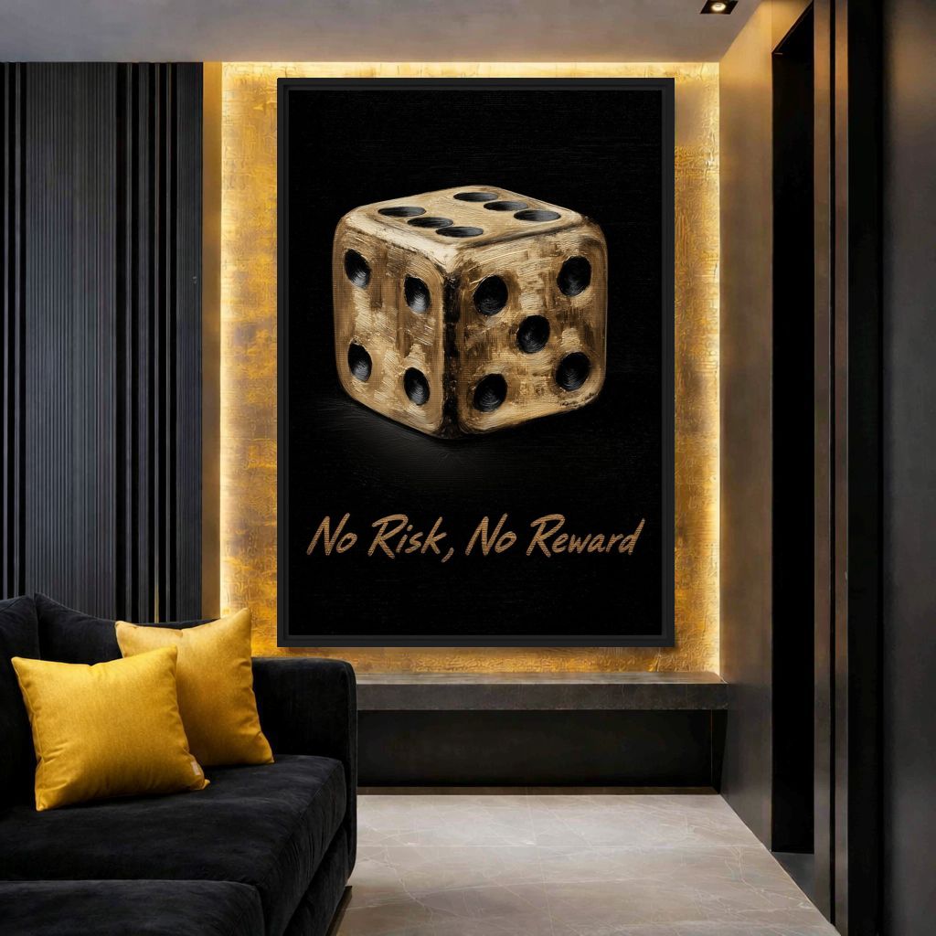 Dark lounge mockup with gold dice No Risk, No Reward artwork in a backlit wall recess beside a yellow cushion