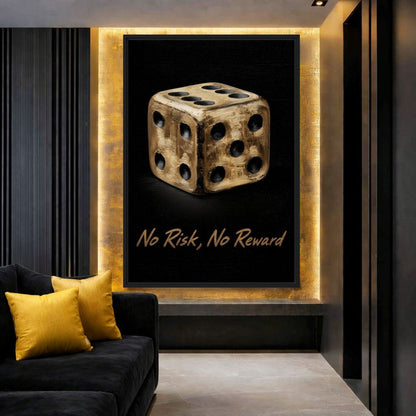 Dark lounge mockup with gold dice No Risk, No Reward artwork in a backlit wall recess beside a yellow cushion
