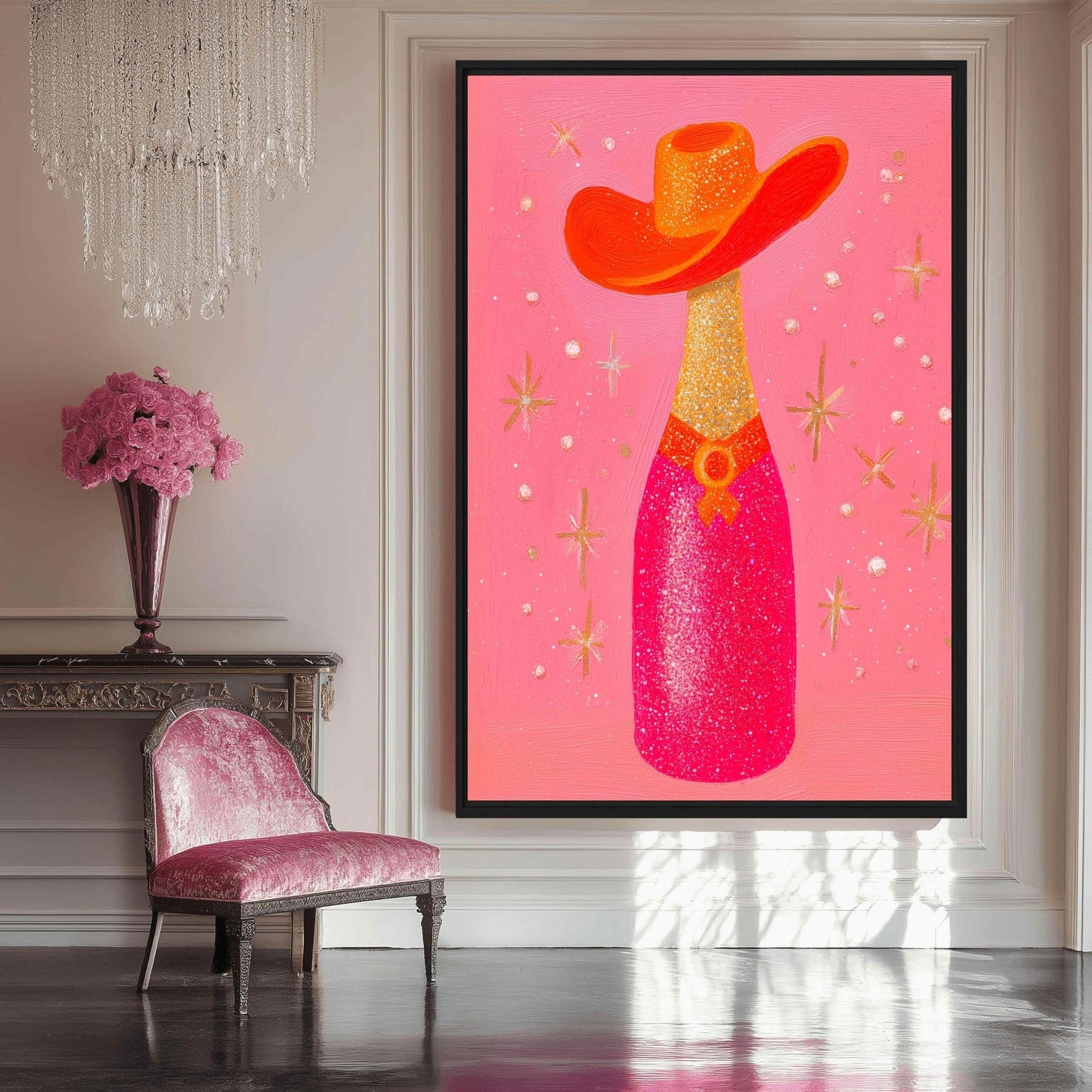 Glam Champagne Bottle Framed Canvas