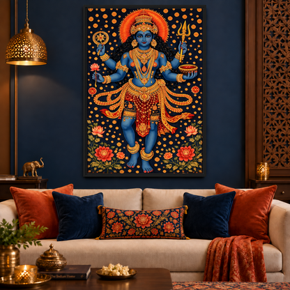 Blue and Gold Kali Goddess Framed Canvas