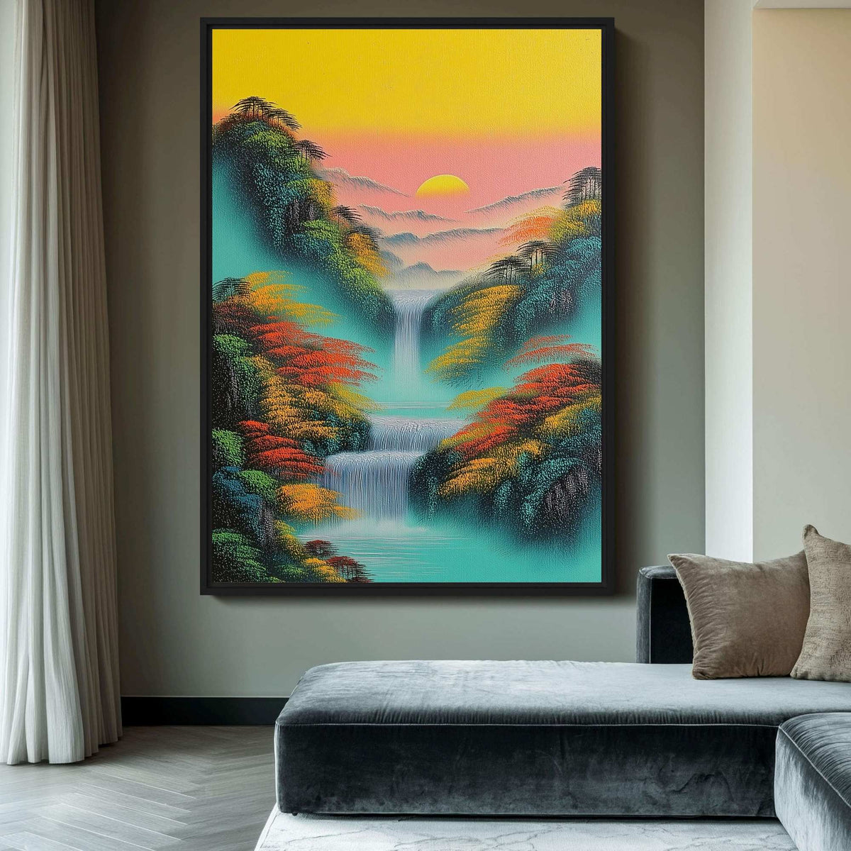 Colourful waterfall canvas beside a grey sofa and a tall window