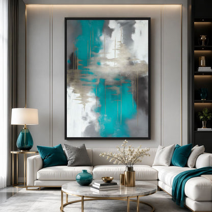 Living-room mockup of teal abstract artwork above cream seating with teal cushions