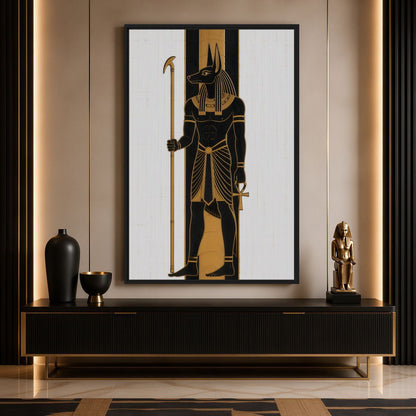 Console mockup of black and gold Anubis artwork above dark cabinetry