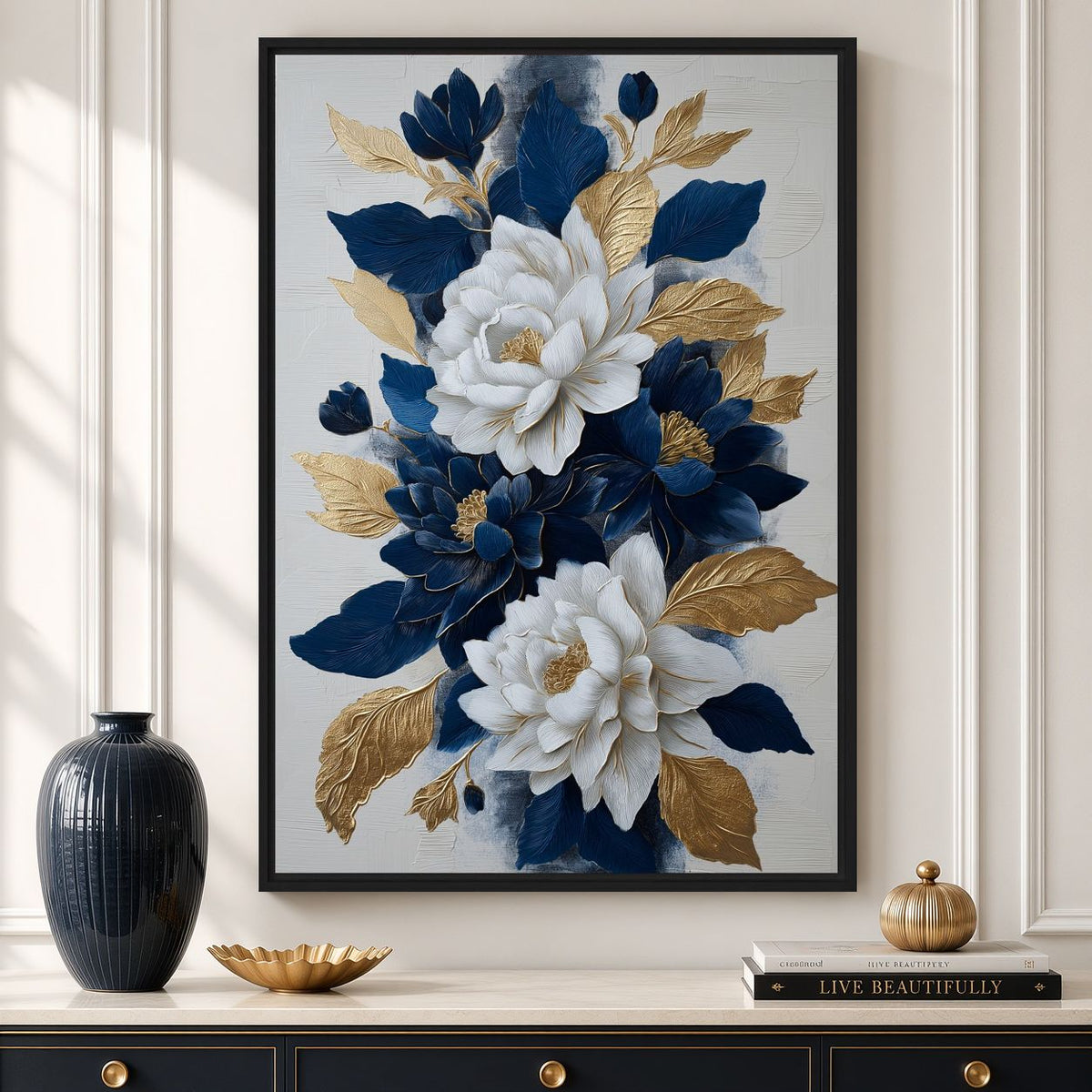 Console mockup of white and navy floral artwork beside a dark blue vase and gold-toned bowl