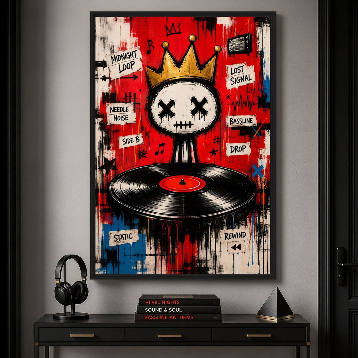 Music-corner mockup of crowned skull and vinyl artwork above a console with headphones