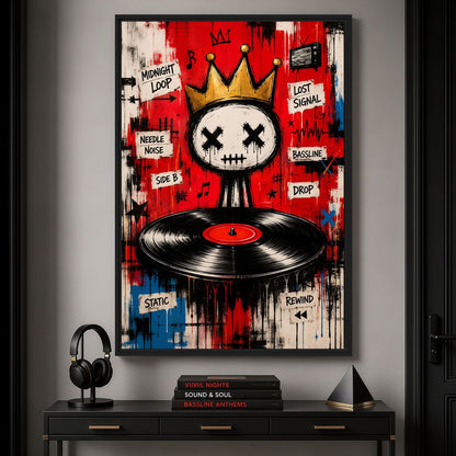 Music-corner mockup of crowned skull and vinyl artwork above a console with headphones