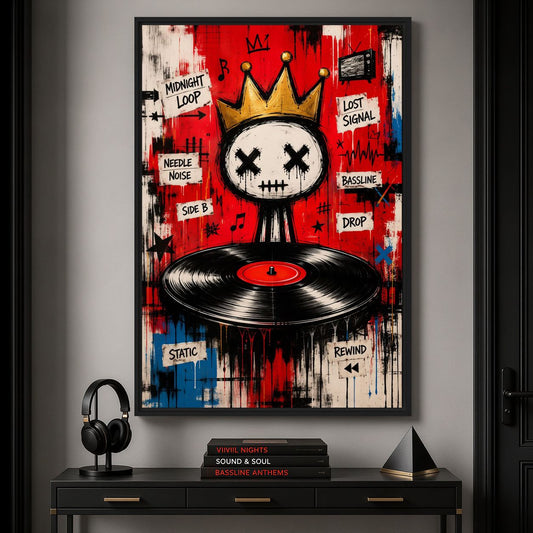 Music-corner mockup of crowned skull and vinyl artwork above a console with headphones