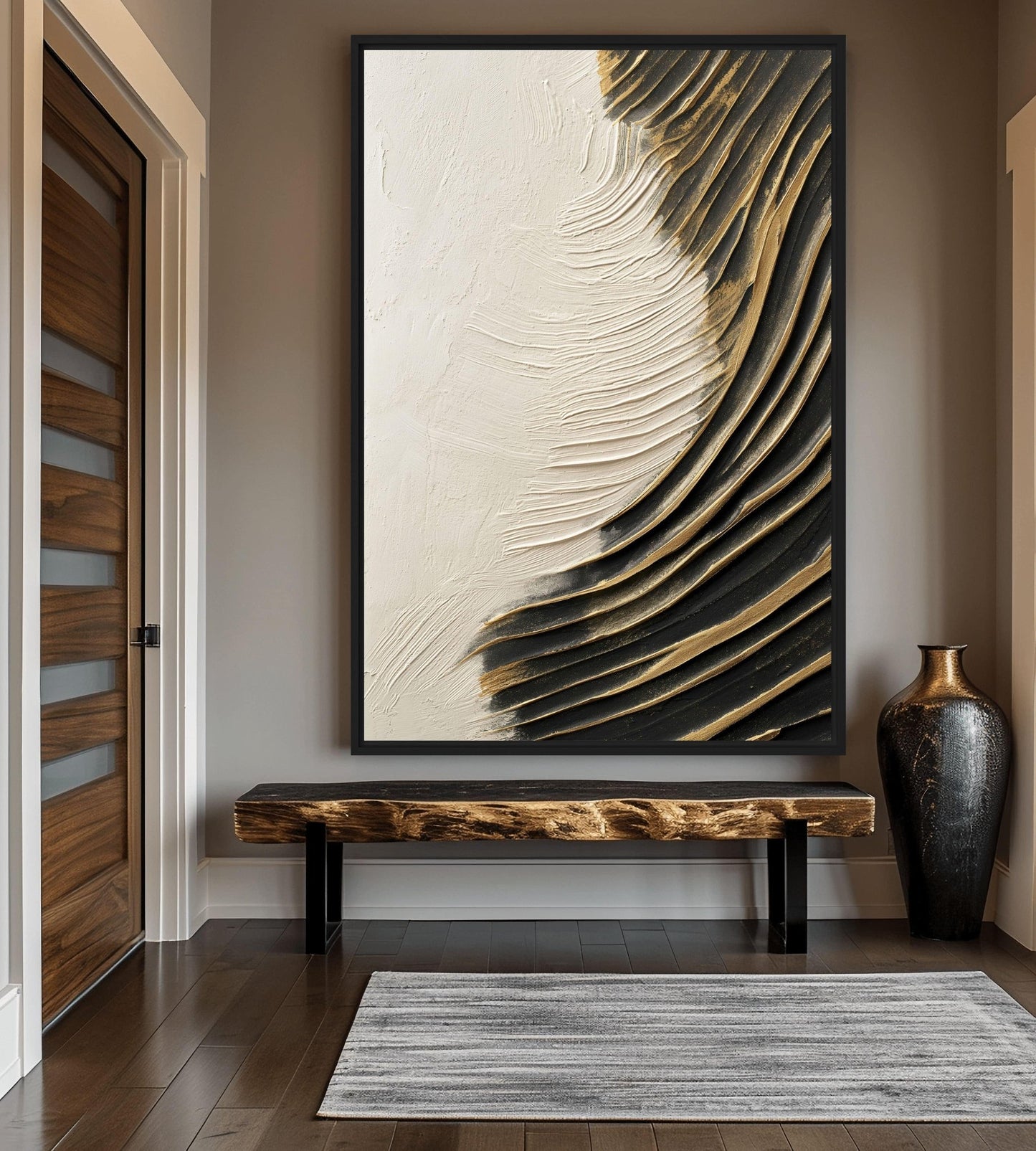 Wave White Black Gold Modern Art Framed Canvas