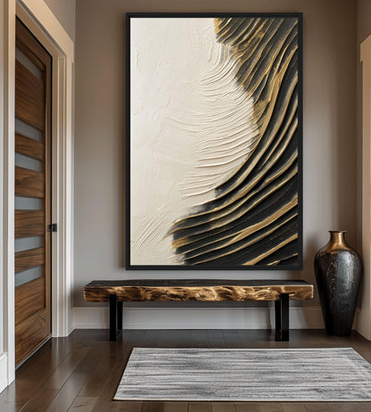 Wave White Black Gold Modern Art Framed Canvas