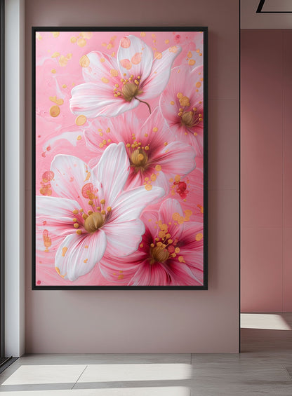 White Pink Flowers Floral Art Framed Canvas
